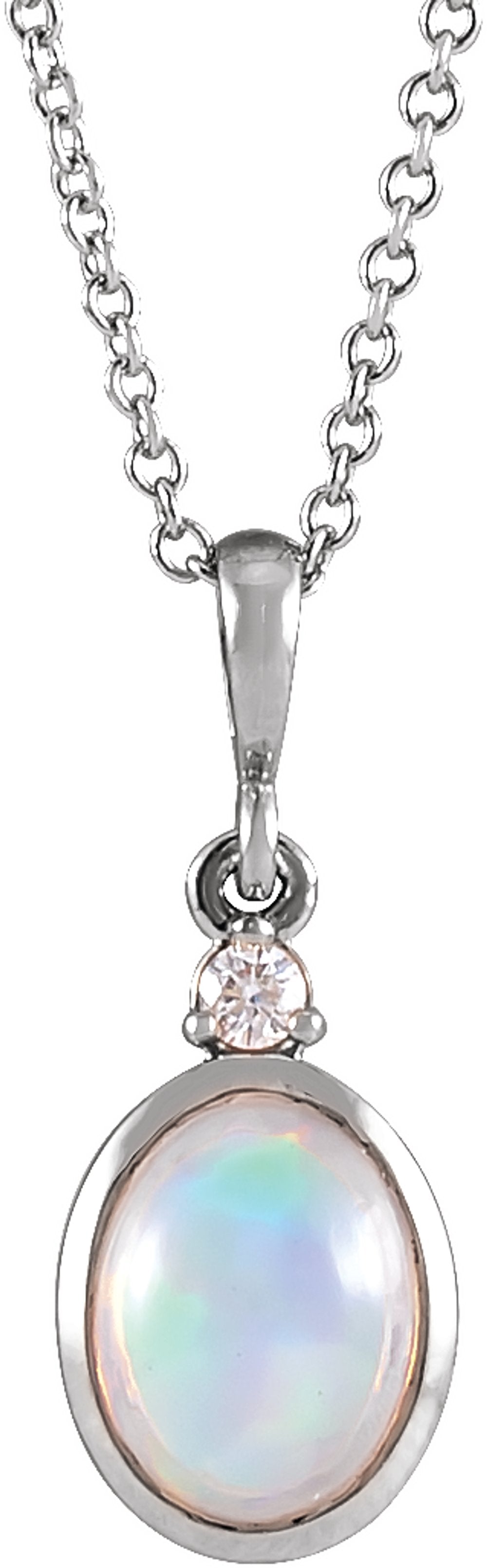 14K White Gold 6x4 mm Natural Ethiopian Opal & .015 CT Natural Diamond 16-18" Necklace