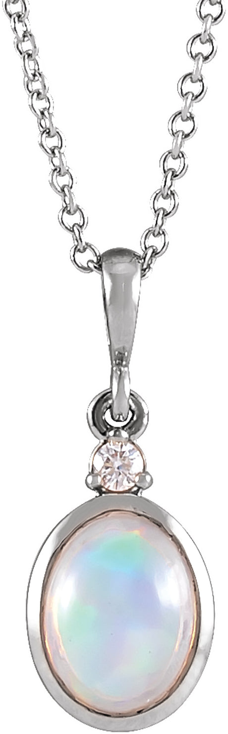 14K White Gold 6x4 mm Natural Ethiopian Opal & .015 CT Natural Diamond 16-18" Necklace