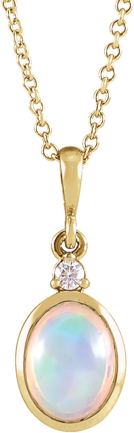 14K Yellow Gold 8x6 mm Natural Ethiopian Opal & .03 CT Natural Diamond 16-18" Necklace