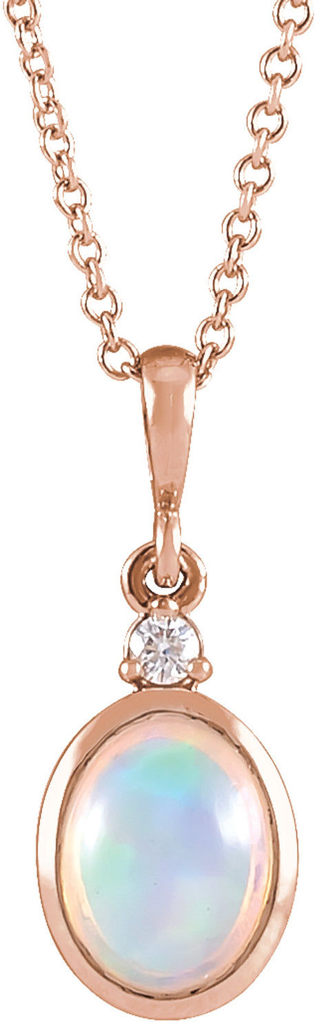 14K Rose Gold 8x6 mm Natural Ethiopian Opal & .03 CT Natural Diamond 16-18" Necklace