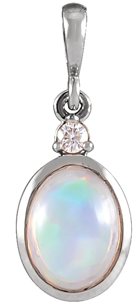 14K White Gold 6x4 mm Natural Ethiopian Opal & .015 CT Natural Diamond Pendant