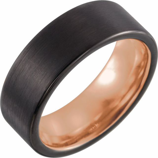 18K Rose Gold PVD & Black PVD Tungsten 8 mm Flat Band with Satin Finish Size 6.5