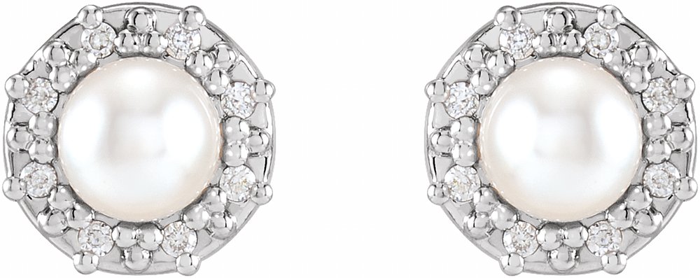 14K White Gold Cultured White Akoya Pearl & .07 CTW Natural Diamond Halo-Style Earrings