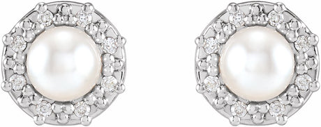 14K White Gold Cultured White Akoya Pearl & .07 CTW Natural Diamond Halo-Style Earrings
