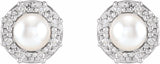 14K White Cultured White Akoya Pearl & .07 CTW Natural Diamond Halo-Style Earrings