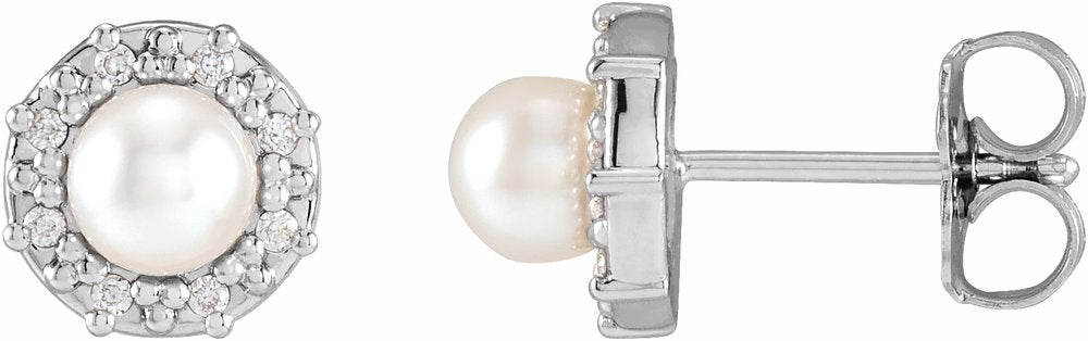 14K White Gold Cultured White Akoya Pearl & .07 CTW Natural Diamond Halo-Style Earrings