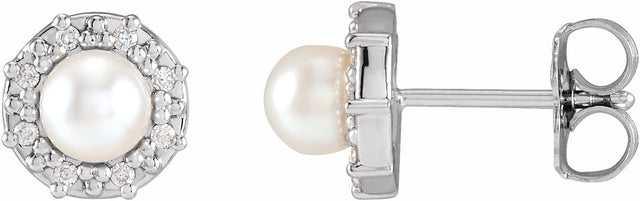 14K White Gold Cultured White Akoya Pearl & .07 CTW Natural Diamond Halo-Style Earrings