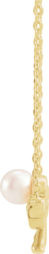 14K Yellow Cultured White Akoya Pearl Bow 18" Necklace