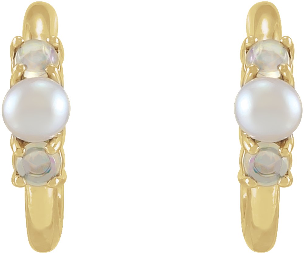 14K Yellow Cultured White Seed Pearl & Natural White Ethiopian Opal Huggie Earrings