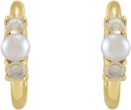 14K Yellow Cultured White Seed Pearl & Natural White Ethiopian Opal Huggie Earrings