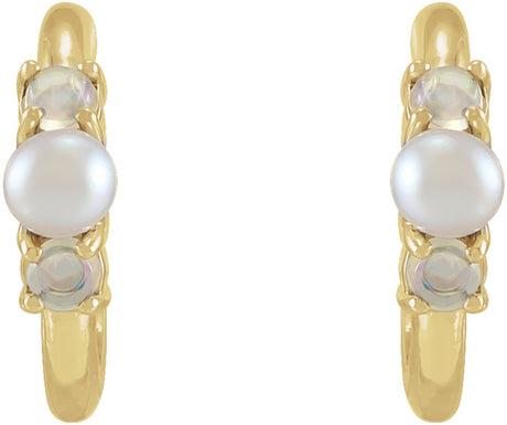 14K Yellow Gold Cultured White Seed Pearl & Natural White Ethiopian Opal Huggie Earrings