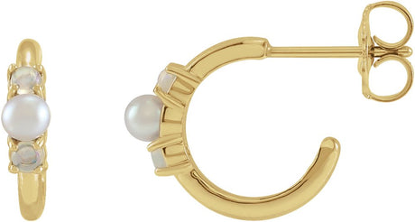14K Yellow Gold Cultured White Seed Pearl & Natural White Ethiopian Opal Huggie Earrings
