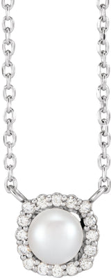 14K White Gold Cultured White Akoya Pearl .06 CTW Natural Diamond Halo-Style 18" Necklace