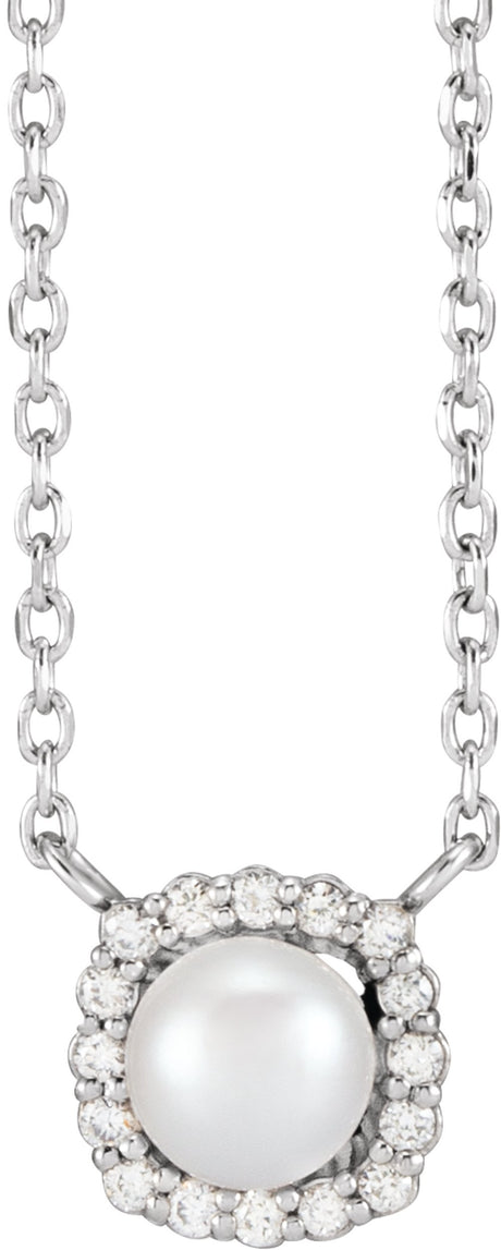 14K White Gold Cultured White Akoya Pearl .06 CTW Natural Diamond Halo-Style 18" Necklace