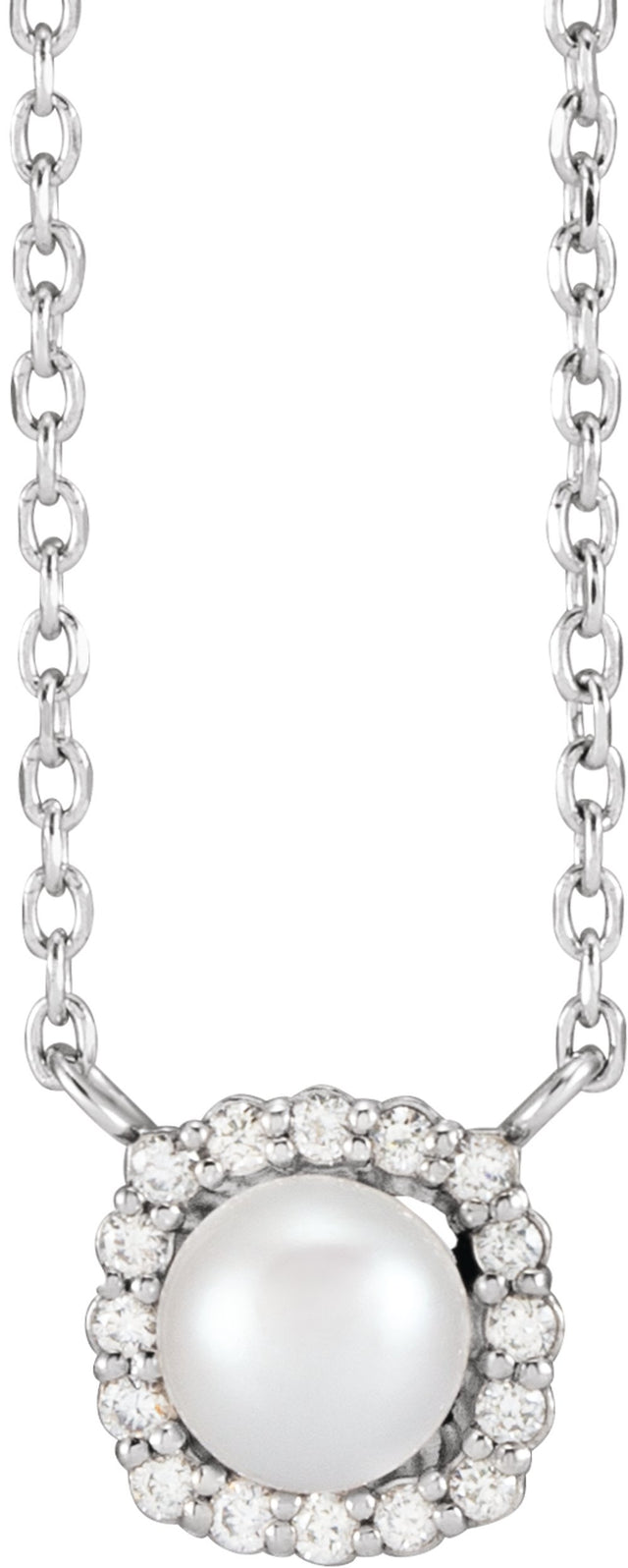 14K White Gold Cultured White Akoya Pearl .06 CTW Natural Diamond Halo-Style 18" Necklace
