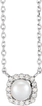 14K White Gold Cultured White Akoya Pearl .06 CTW Natural Diamond Halo-Style 18" Necklace