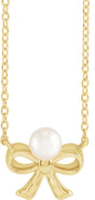 14K Yellow Gold Cultured White Akoya Pearl Bow 18" Necklace