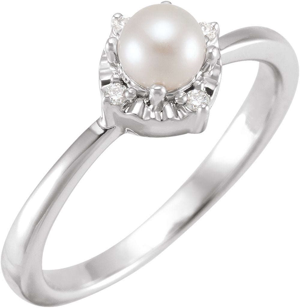 Sterling Silver Cultured White Freshwater Pearl & .04 CTW Natural Diamond Halo-Style Ring