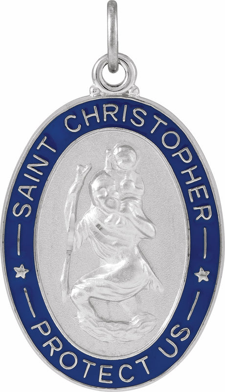 Sterling Silver 26x20 mm Blue Enamel St. Christopher Medal