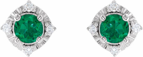 Sterling Silver Lab-Grown Emerald & .08 CTW Natural Diamond Halo-Style Earrings