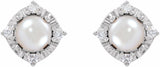 Sterling Silver Cultured White Freshwater Pearl & .08 CTW Natural Diamond Halo-Style Earrings