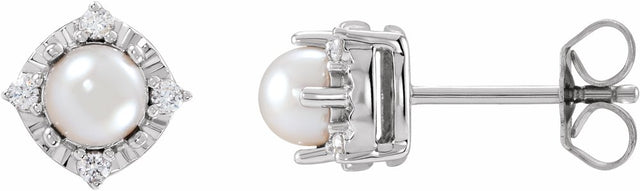 Sterling Silver Cultured White Freshwater Pearl & .08 CTW Natural Diamond Halo-Style Earrings