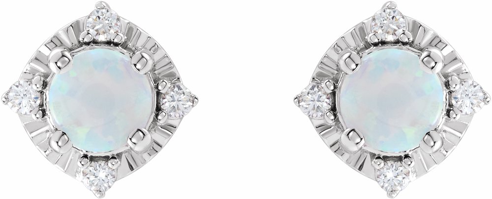 14K White Lab-Grown White Opal & .08 CTW Natural Diamond Halo-Style Earrings