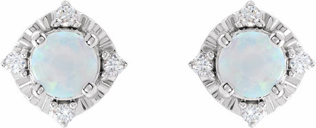 14K White Lab-Grown White Opal & .08 CTW Natural Diamond Halo-Style Earrings