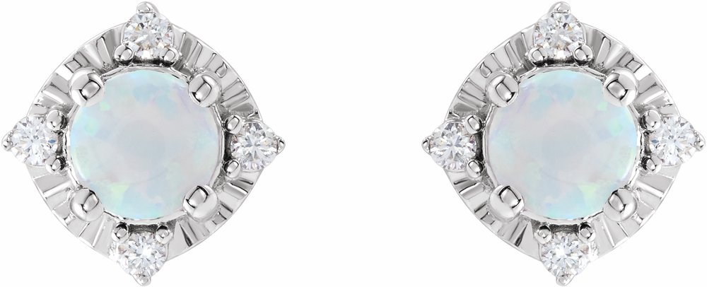 14K White Lab-Grown White Opal & .08 CTW Natural Diamond Halo-Style Earrings