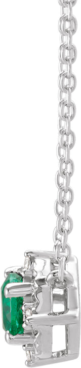 14K White Gold Lab-Grown Emerald & .04 CTW Natural Diamond Halo-Style 18" Necklace