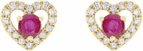 14K Yellow Natural Ruby & 1/10 CTW Natural Diamond Heart Earrings