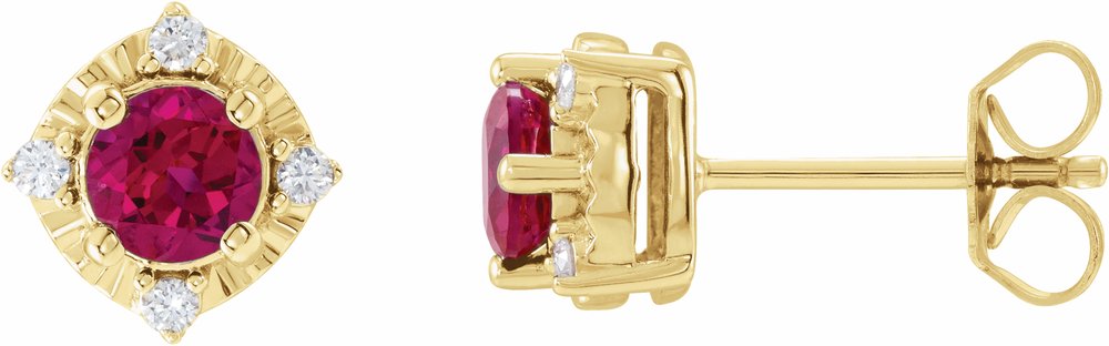 14K Yellow Lab-Grown Ruby & .08 CTW Natural Diamond Halo-Style Earrings