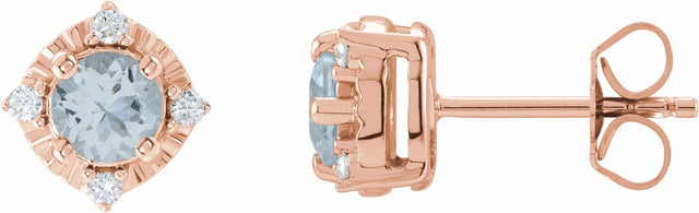 14K Rose Natural Aquamarine & .08 CTW Natural Diamond Halo-Style Earrings