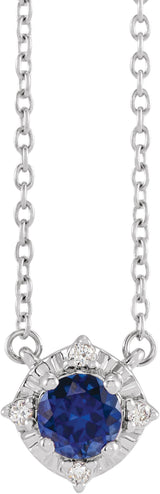 Sterling Silver Lab-Grown Blue Sapphire & .04 CTW Natural Diamond Halo-Style 18" Necklace