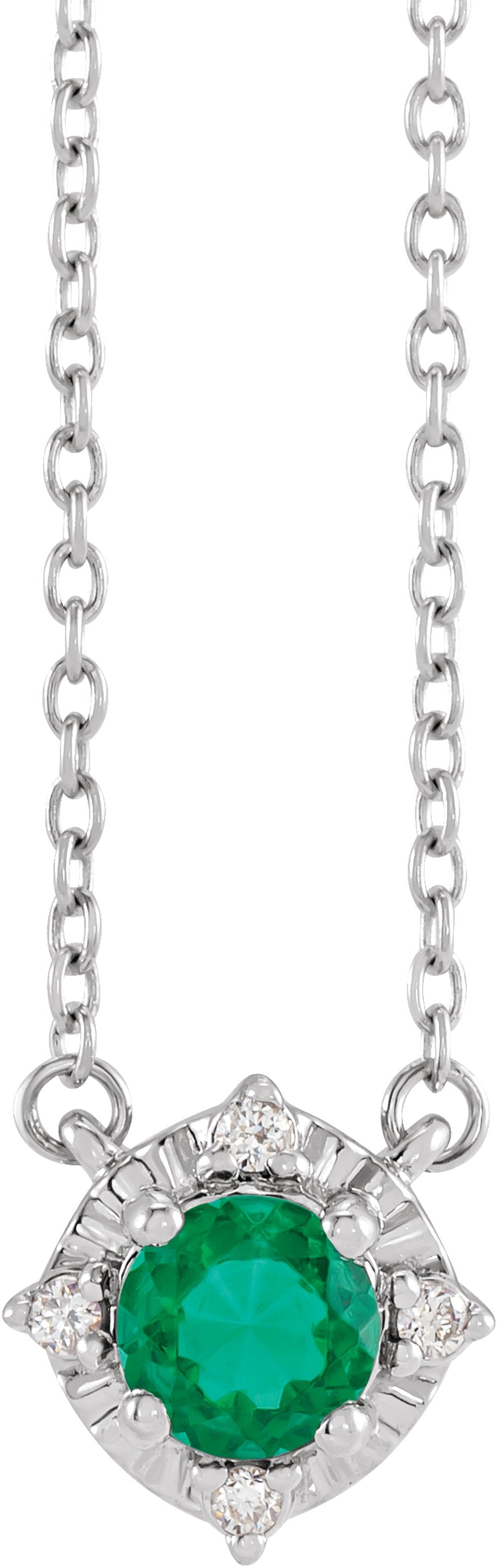 14K White Gold Lab-Grown Emerald & .04 CTW Natural Diamond Halo-Style 18" Necklace