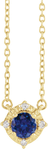 14K Yellow Gold Lab-Grown Blue Sapphire & .04 CTW Natural Diamond Halo-Style 18" Necklace