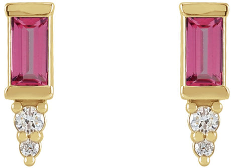 14K Yellow Natural Pink Tourmaline & .03 CTW Natural Diamond Bar Earrings