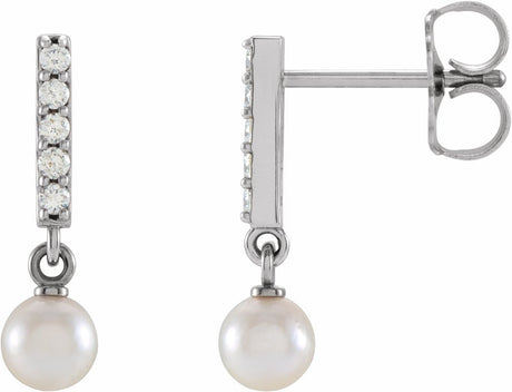 14K White Gold Cultured Akoya Pearl & .03 CTW Natural Diamond Bar Earrings	