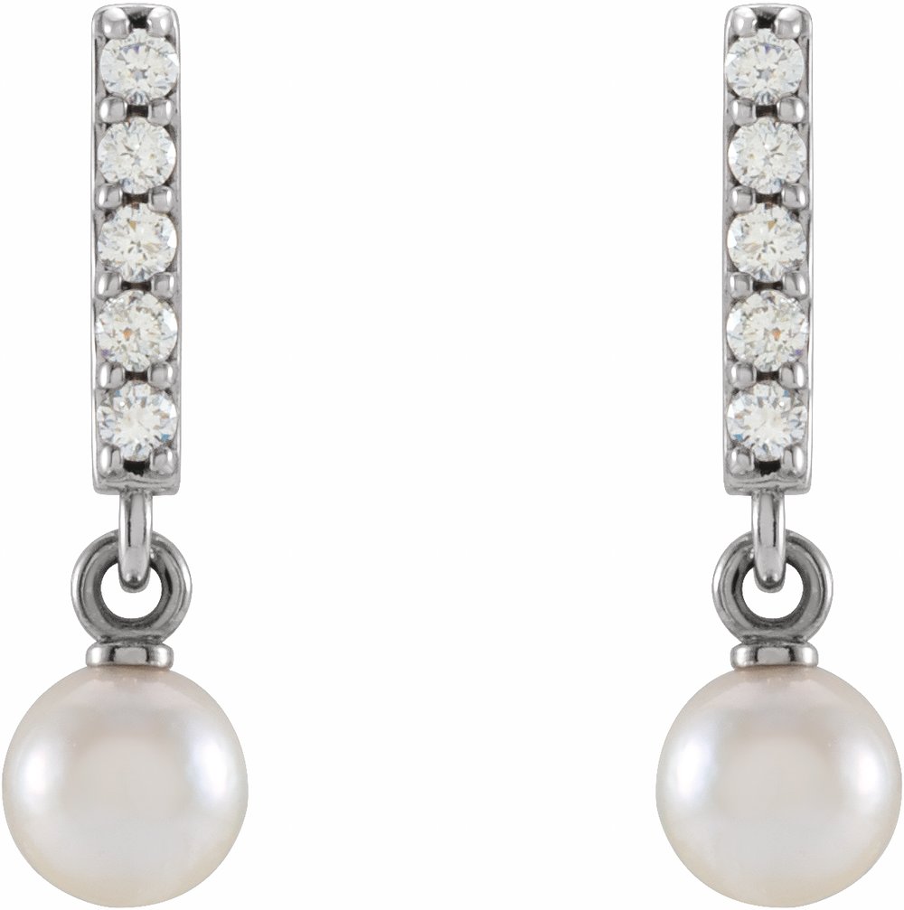 14K White Cultured Akoya Pearl & .03 CTW Natural Diamond Bar Earrings