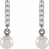 14K White Cultured Akoya Pearl & .03 CTW Natural Diamond Bar Earrings