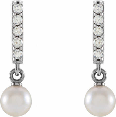 14K White Cultured Akoya Pearl & .03 CTW Natural Diamond Bar Earrings