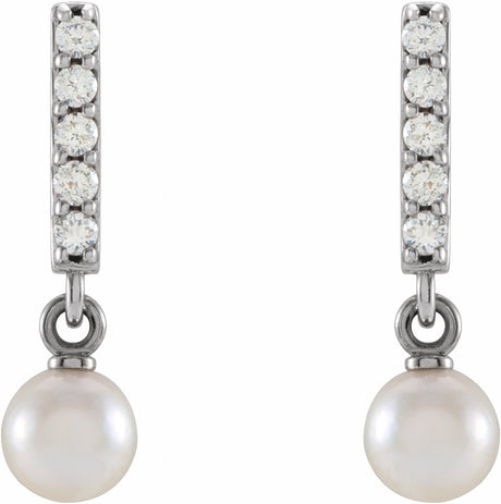 14K White Gold Cultured Akoya Pearl & .03 CTW Natural Diamond Bar Earrings	