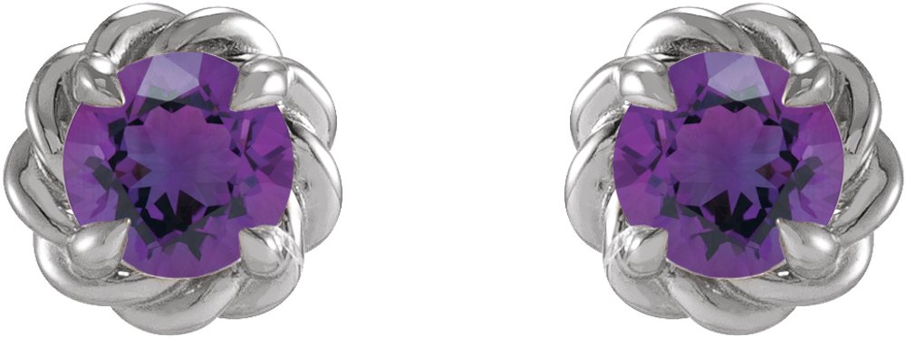 14K White 3 mm Natural Amethyst Claw-Prong Rope Earrings