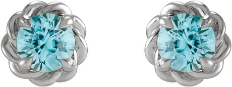 14K White 3 mm Natural Blue Zircon Claw-Prong Rope Earrings