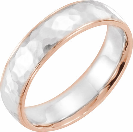 14K Rose/White/Rose 6 mm Half Round Stepped-Edge Band with Hammer Finish Size 10.5