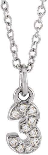 14K White Petite Pavé™ .04 CTW Natural Diamond Numeral 3 16-18" Necklace