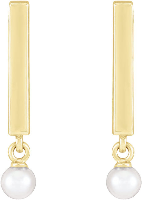 14K Yellow Gold Cultured White Seed Pearl Bar Earrings