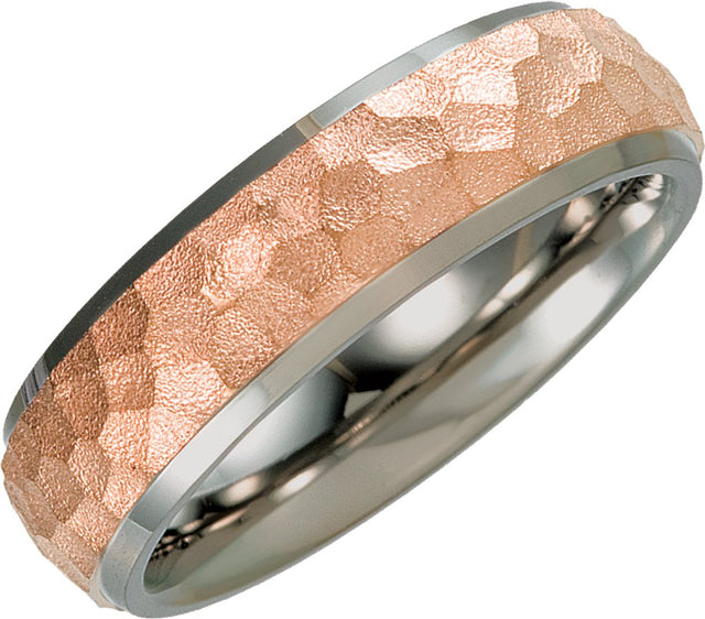 18K Rose Gold-Plated & Titanium 7 mm Beveled-Edge Band with Hammered Finish Size 10