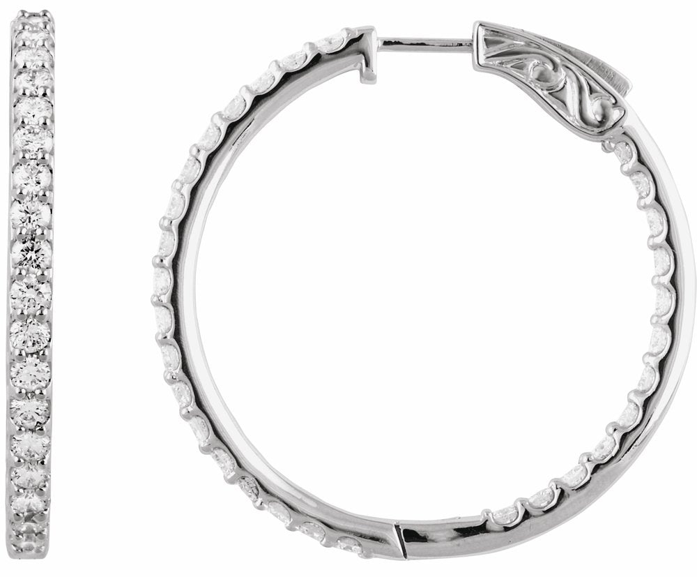 14K White Gold 3 CTW Natural Diamond Inside-Outside 34.5 mm Hinged Hoop Earrings
