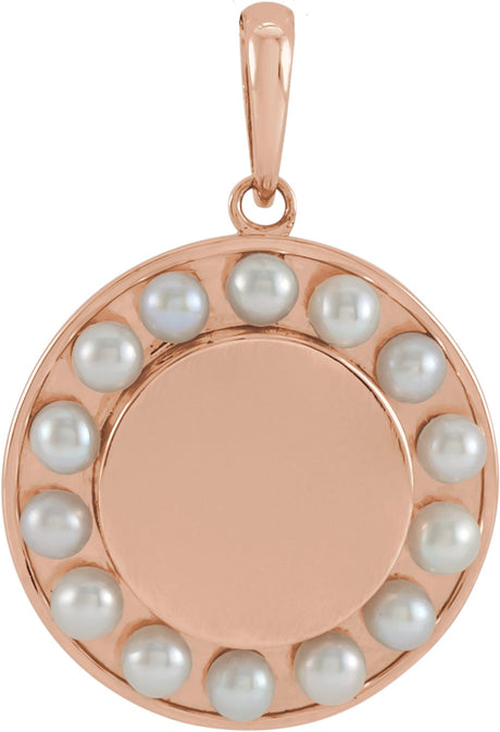 14K Rose Cultured White Seed Pearl Engravable Halo-Style Pendant